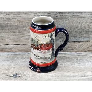 1990 Budweiser Stein Clydesdales Horses Holiday Beer Dark Blue Trim